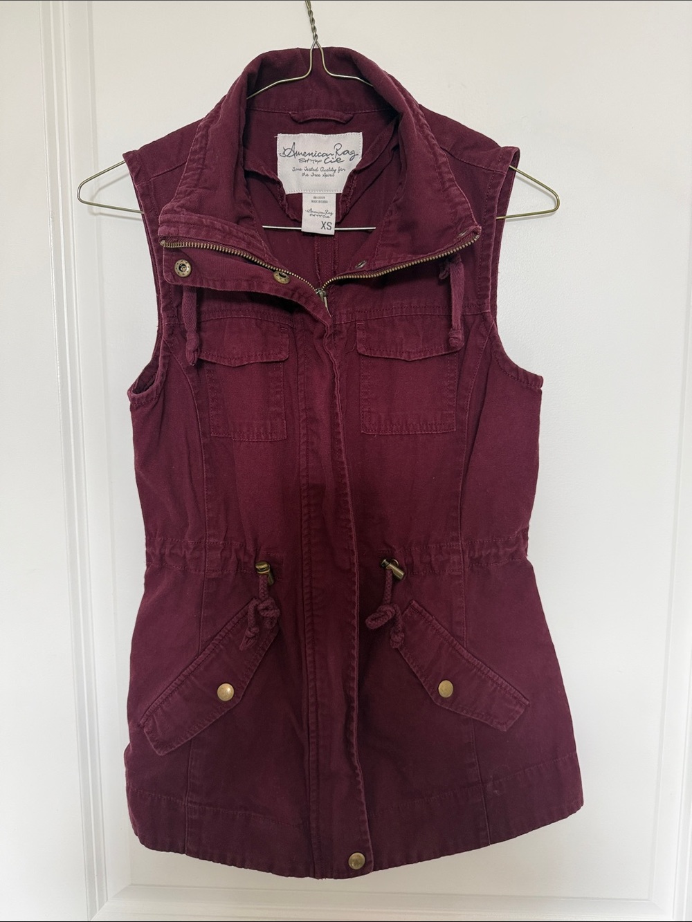 American Rag Cie Women's Burgundy Utility Vest Collared Pockets Size XS